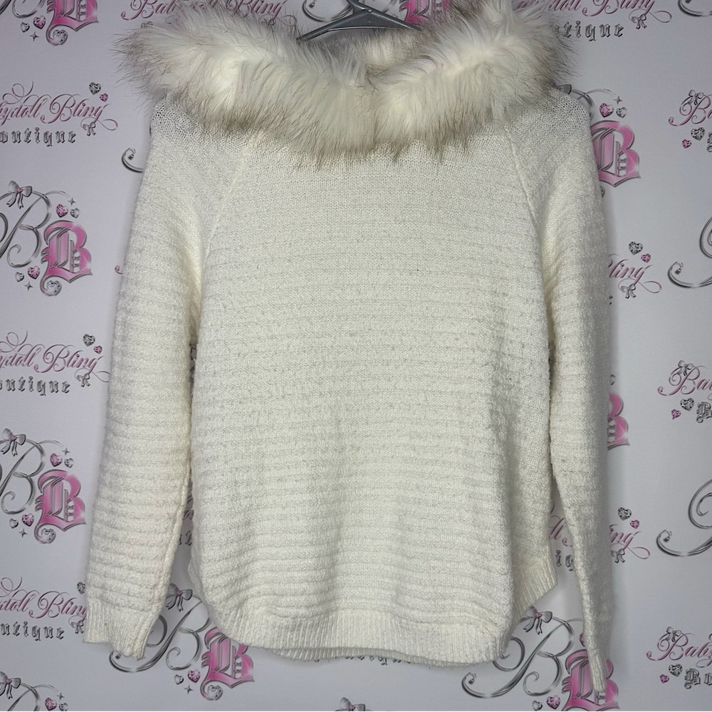Cat & jack sweater pull over faux fur trim hood hoodie warm cozy knit crochet